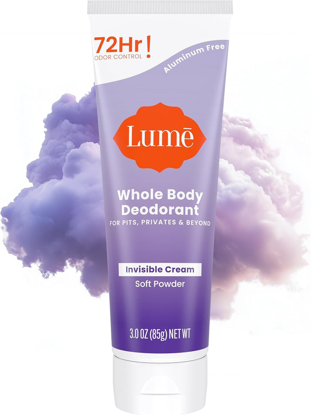 Lume Whole Body Deodorant - Invisible Cream Tube - 72 Hour Odor Control - Aluminum Free. Baking Soda Free. Skin Safe - 3.0 ounce (Soft Powder)