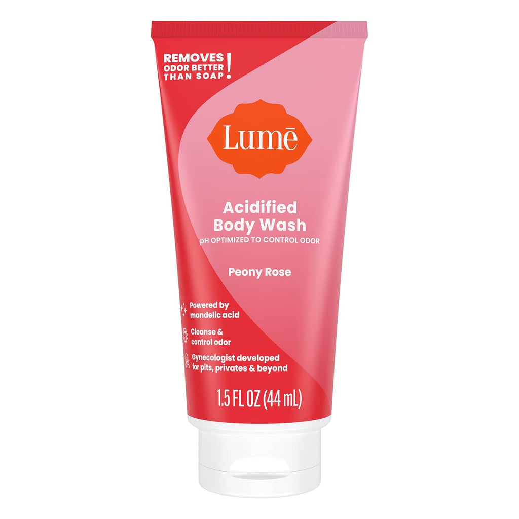 Lume Acidified Body Wash 5 Pack Minis - 24 Hour Odor Control - 1.5 ounce Tubes (Clean Tangerine. Lavender Sage. Peony Rose. Toasted Coconut. Unscented)