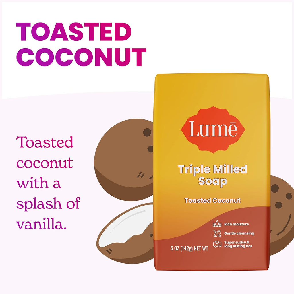 Lume Triple Milled Bar Soap - Rich Moisture & Gentle Cleansing - Paraben Free. Phthalate Free. Skin Safe - 5 ounce (Toasted Coconut)