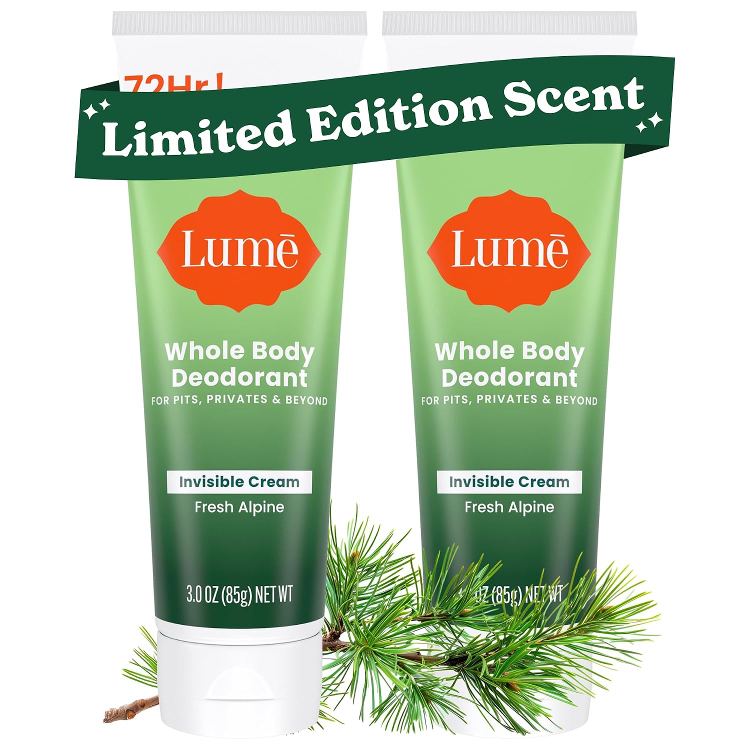 Lume Whole Body Deodorant - Invisible Cream Tube - 72 Hour Odor Control - Doctor Developed - Aluminum Free. Baking Soda Free and Skin Loving - 3.0 Ounce. (Pack of 2) (Fresh Alpine)