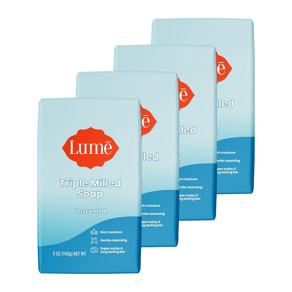 Lume Triple Milled Bar Soap - Rich Moisture & Gentle Cleansing - Paraben Free. Phthalate Free. Skin Safe - 5 ounce (Pack of 4) (Unscented)