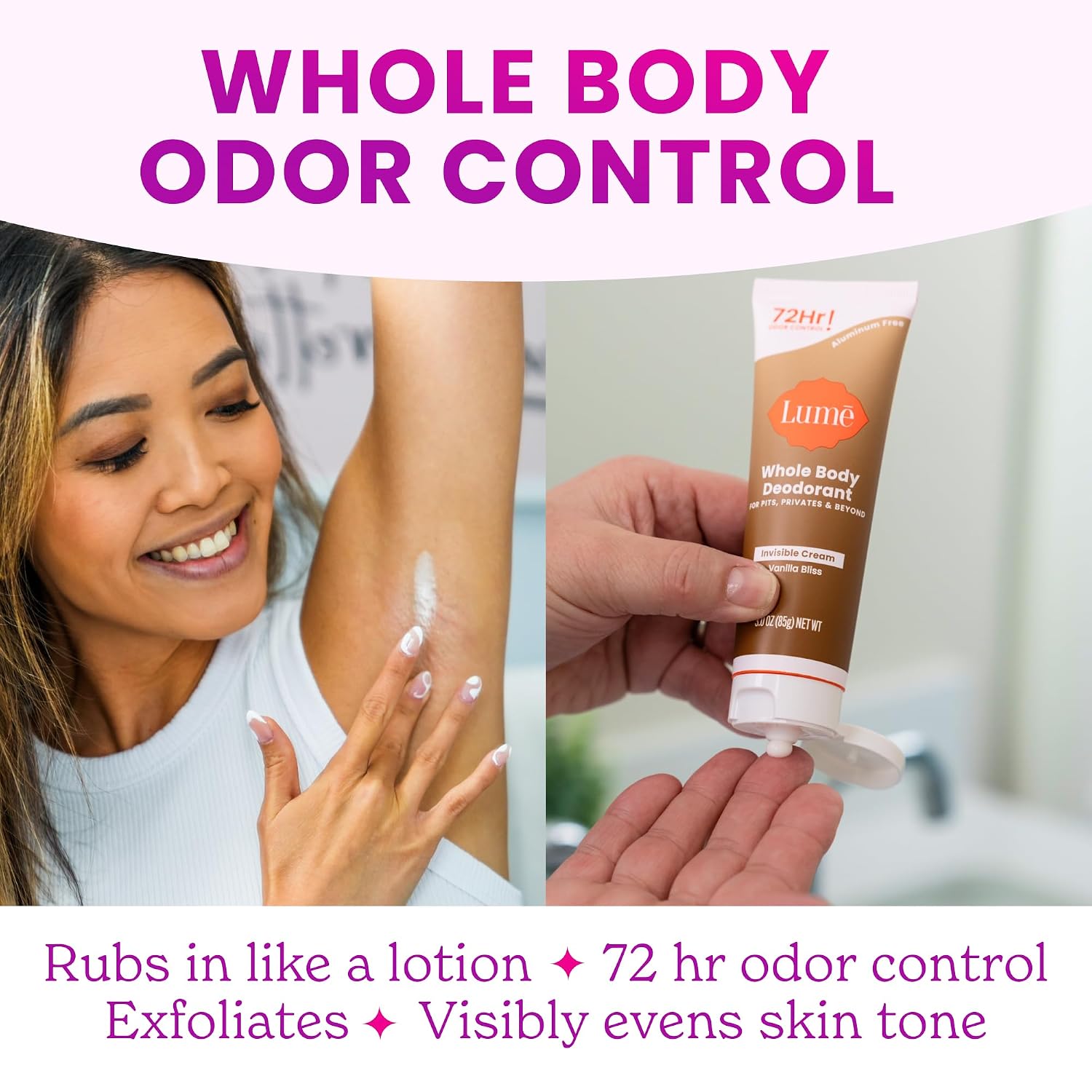 Lume Whole Body Deodorant - Invisible Cream Tube - 72 Hour Odor Control - Doctor Developed - Aluminum Free. Baking Soda Free and Skin Loving - 3.0 Ounce (Vanilla Bliss)