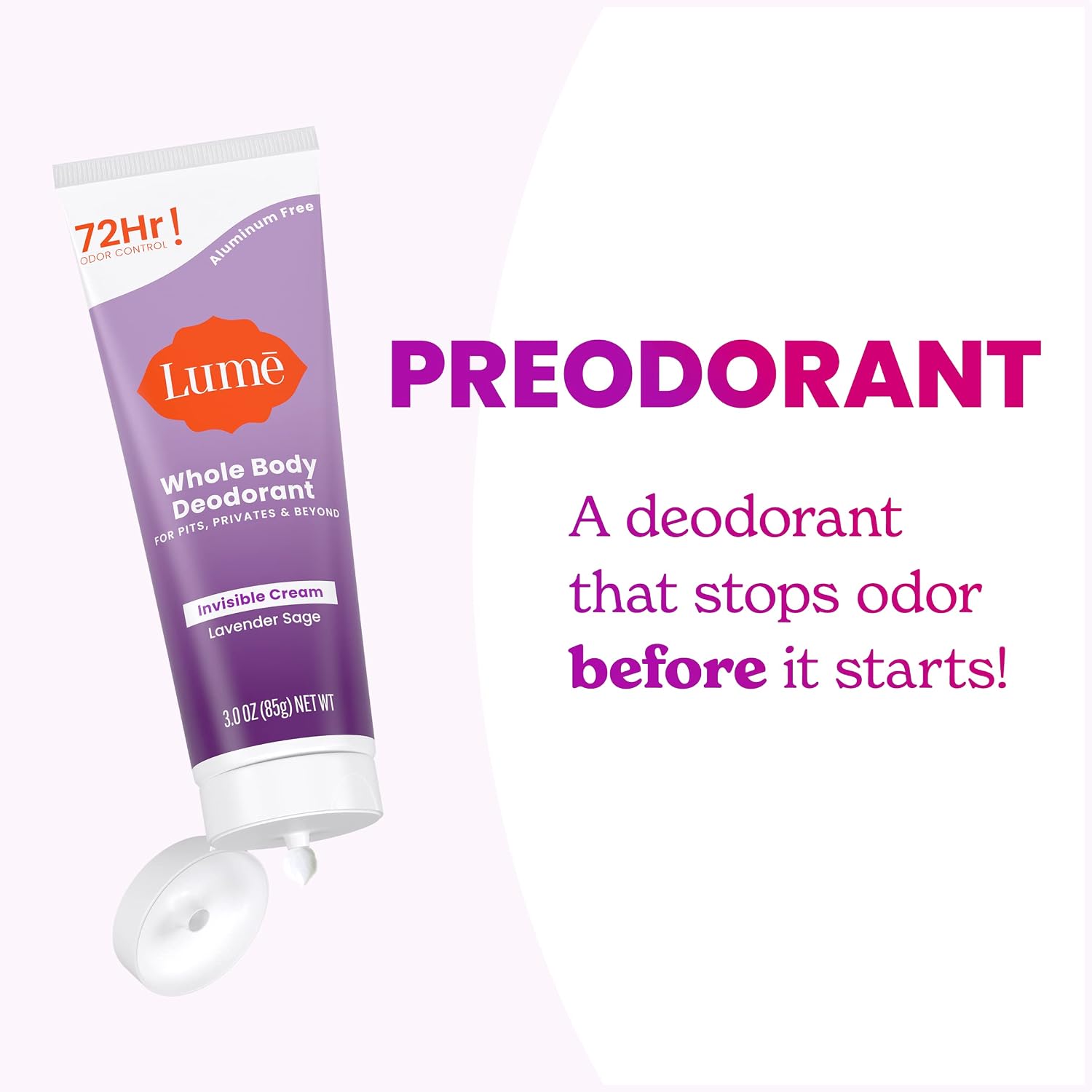 Lume Whole Body Deodorant - Invisible Cream Tube - 72 Hour Odor Control - Aluminum Free. Baking Soda Free. Skin Safe - 3.0 ounce (Pack of 2) (Lavender Sage)