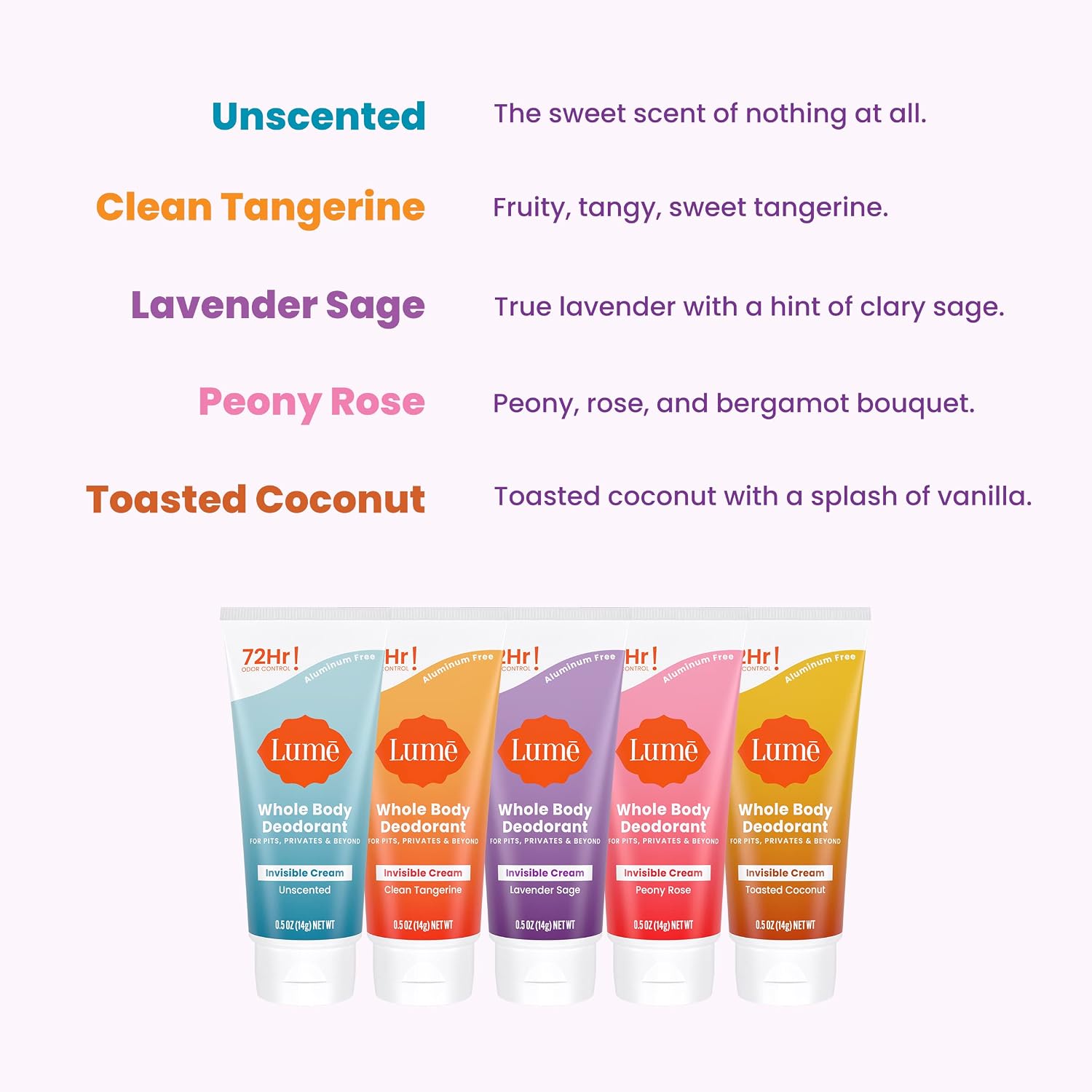 Lume Whole Body Deodorant 5 Pack Sampler - Invisible Cream Minis - 72 Hour Odor Control - Aluminum & Baking Soda Free (Clean Tangerine. Lavender Sage. Peony Rose. Toasted Coconut. Unscented)