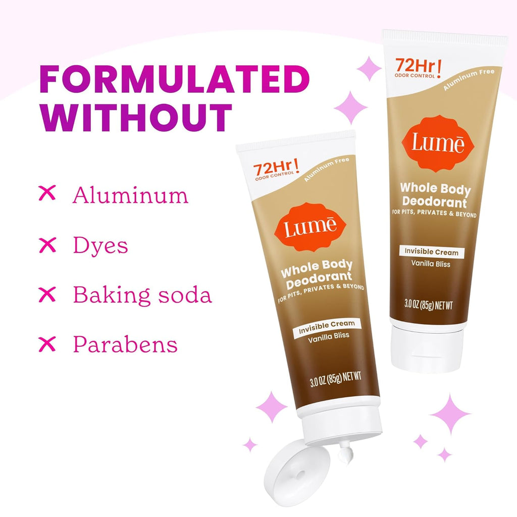 Lume Whole Body Deodorant - Invisible Cream Tube - 72 Hour Odor Control - Doctor Developed - Aluminum Free. Baking Soda Free and Skin Loving - 3.0 Ounce (Vanilla Bliss)