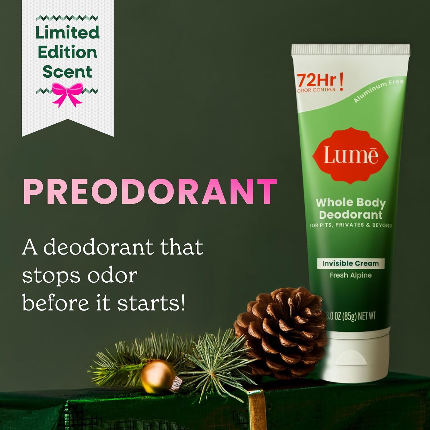 Lume Whole Body Deodorant - Invisible Cream Tube - 72 Hour Odor Control - Doctor Developed - Aluminum Free. Baking Soda Free and Skin Loving - 3.0 Ounce. (Pack of 2) (Fresh Alpine)