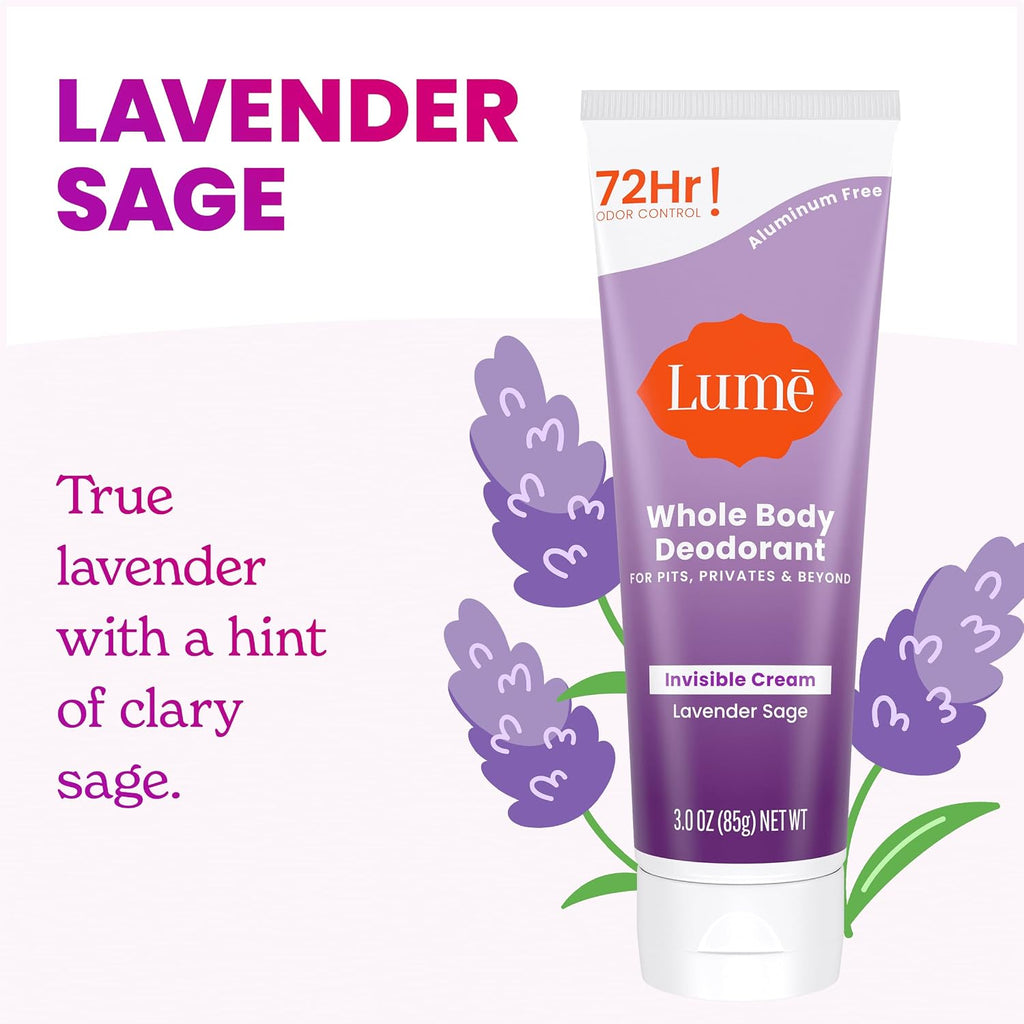 Lume Whole Body Deodorant - Invisible Cream Tube - 72 Hour Odor Control - Aluminum Free. Baking Soda Free. Skin Safe - 3.0 ounce (Pack of 2) (Lavender Sage)