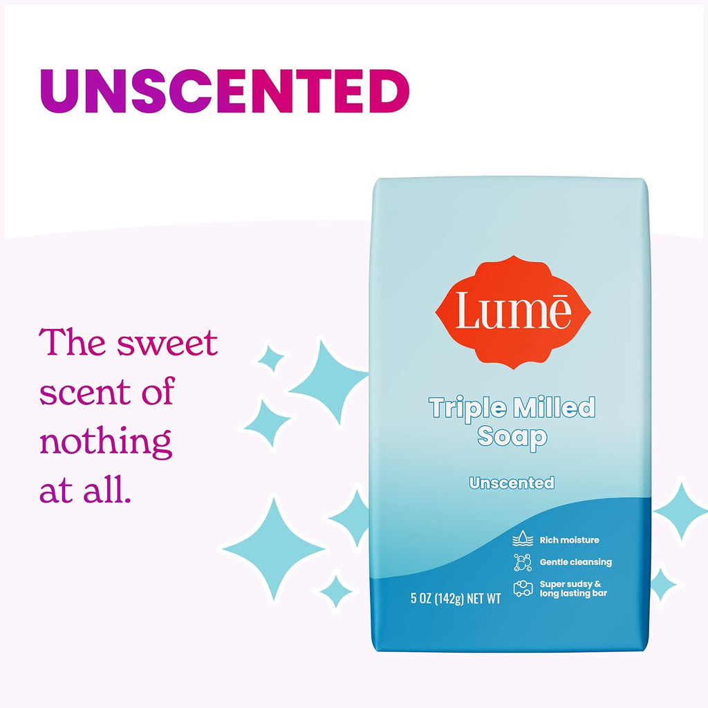 Lume Triple Milled Bar Soap - Rich Moisture & Gentle Cleansing - Paraben Free. Phthalate Free. Skin Safe - 5 ounce (Pack of 4) (Unscented)