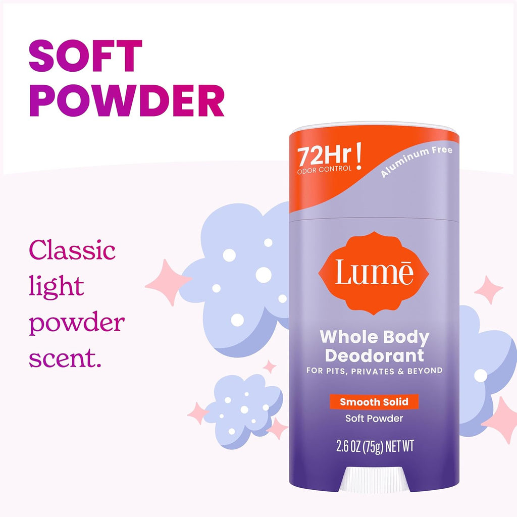 Lume Whole Body Deodorant - Smooth Solid Stick - 72 Hour Odor Control - Aluminum Free. Baking Soda Free and Skin Loving - 2.6 Ounce (Pack of 3) (Soft Powder)