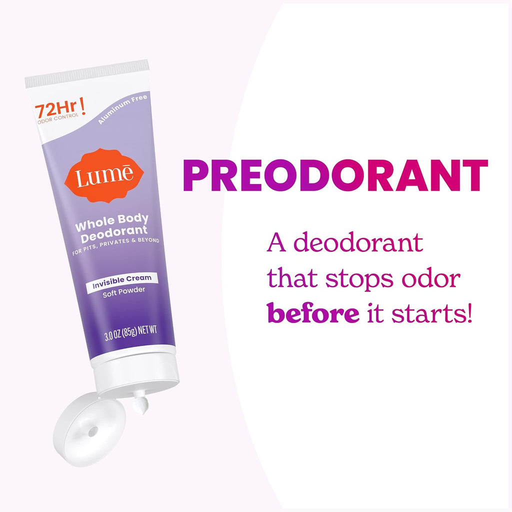 Lume Whole Body Deodorant - Invisible Cream Tube - 72 Hour Odor Control - Aluminum Free. Baking Soda Free. Skin Safe - 3.0 ounce (Soft Powder)