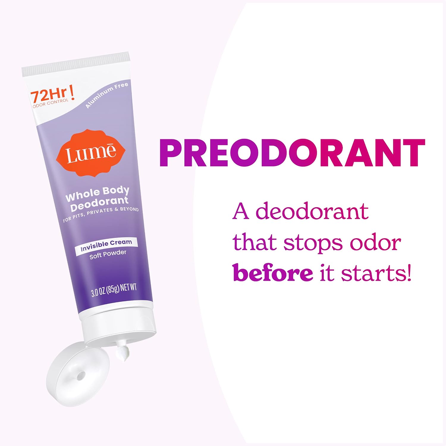 Lume Whole Body Deodorant - Invisible Cream Tube - 72 Hour Odor Control - Aluminum Free. Baking Soda Free. Skin Safe - 3.0 ounce (Soft Powder)