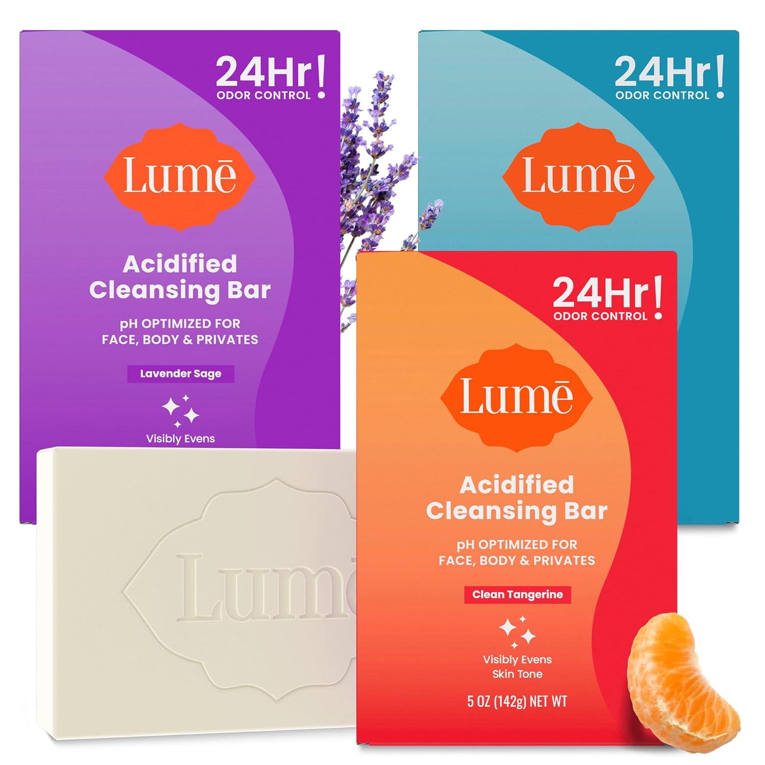 Lume Acidified Body Cleansing Bar - 24 Hour Odor Control - Removes Odor Better Than Soap - Moisturizing - No SLS or Parabens - OB/GYN Developed - 8.5 Ounce. 3 Pack (Tangerine. Lavender. & Unscented)