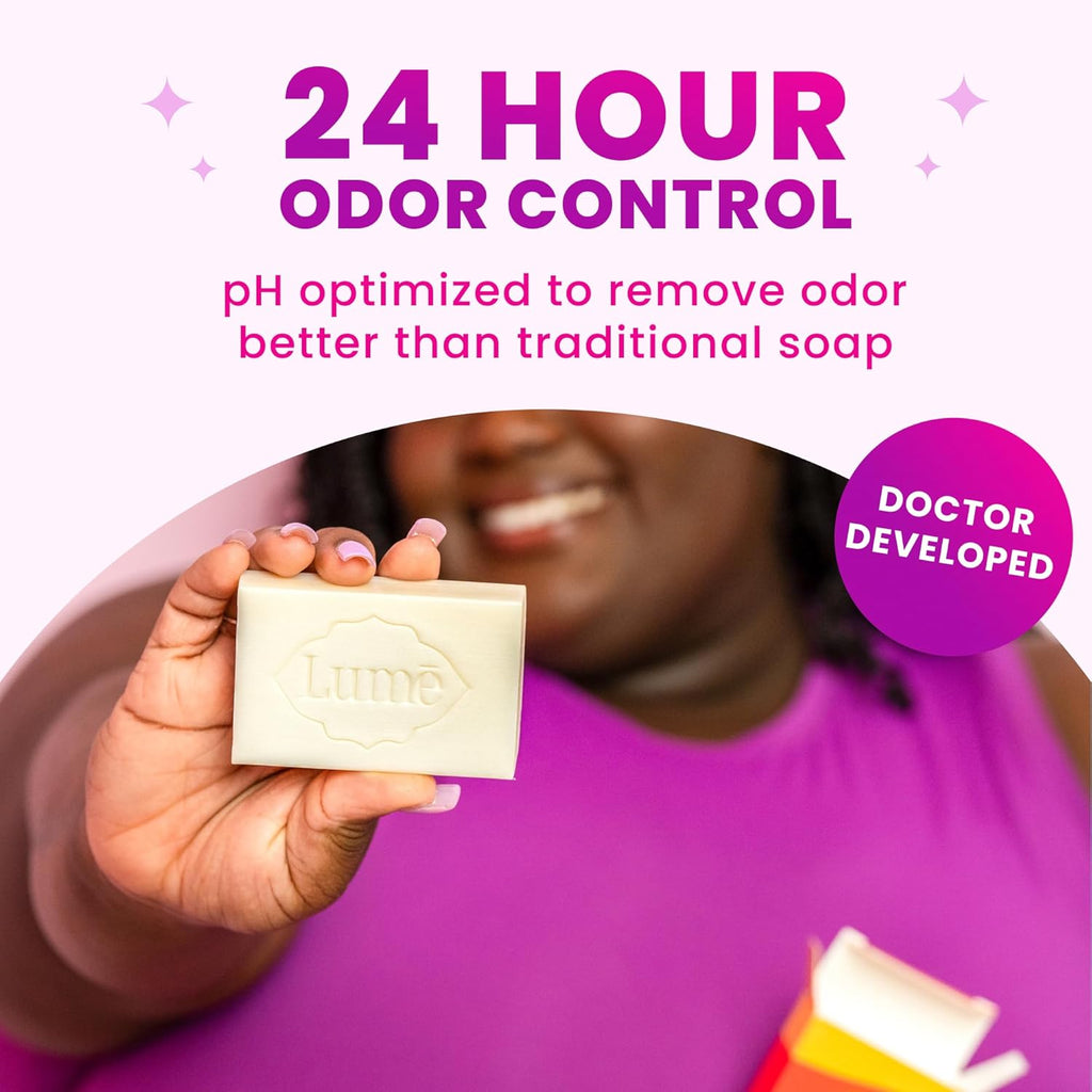 Lume Acidified Body Cleansing Bar - 24 Hour Odor Control - Removes Odor Better Than Soap - Moisturizing - No SLS or Parabens - OB/GYN Developed - 8.5 Ounce. 3 Pack (Tangerine. Lavender. & Unscented)
