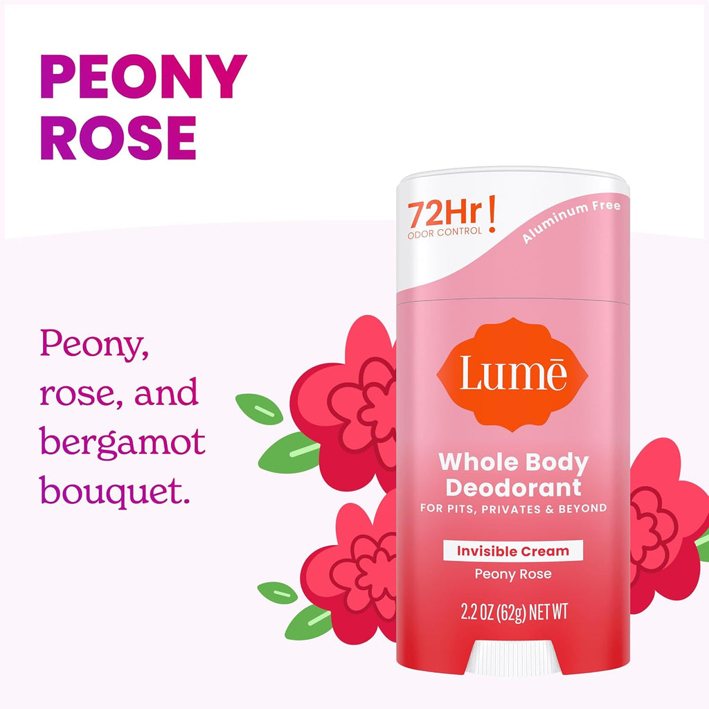 Lume Cream Deodorant – For Underarms & Private Parts, 2.2 oz (2-Pack) (Peony Rose Scent)