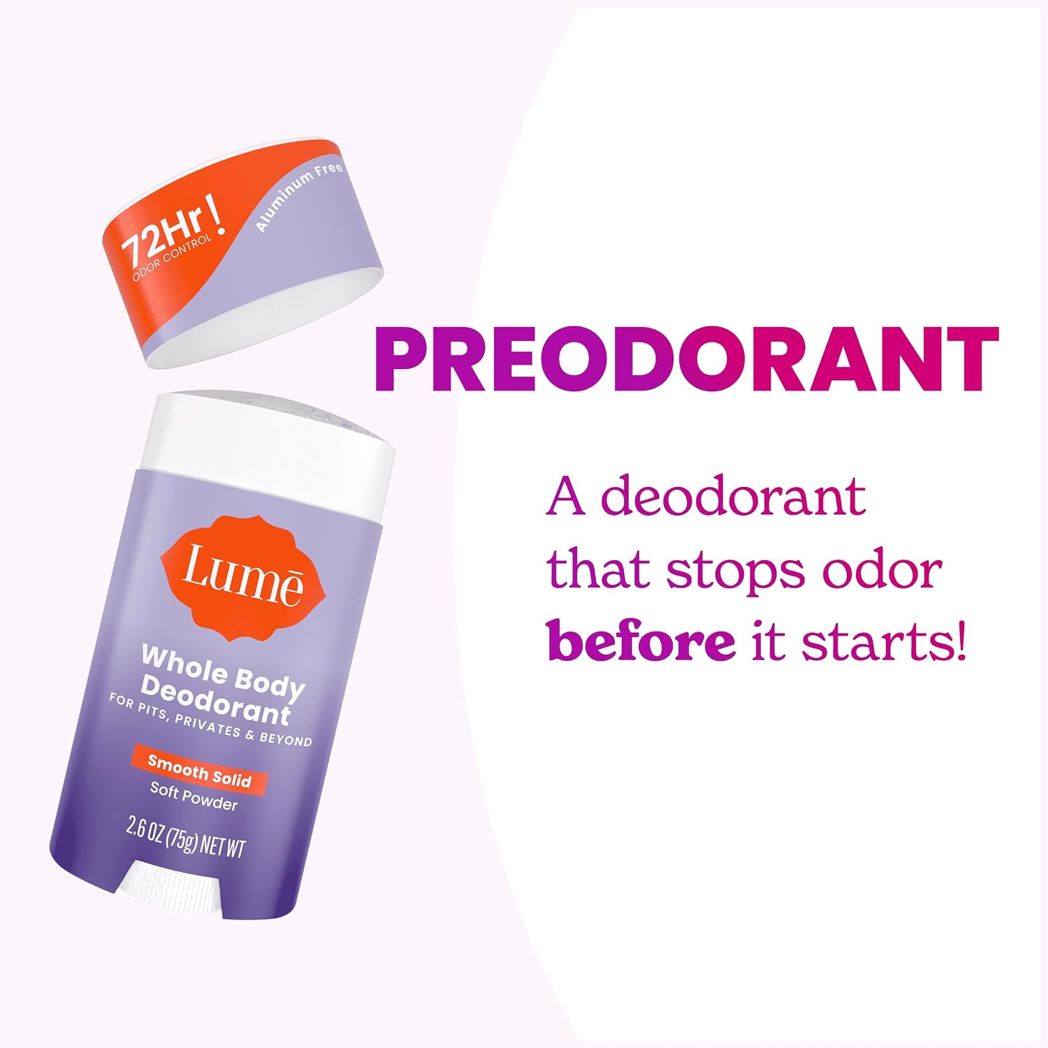 Lume Whole Body Deodorant - Smooth Solid Stick - 72 Hour Odor Control - Aluminum Free. Baking Soda Free and Skin Loving - 2.6 Ounce (Pack of 3) (Soft Powder)