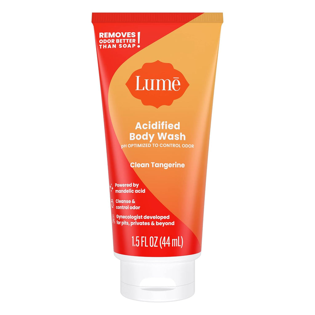 Lume Acidified Body Wash 5 Pack Minis - 24 Hour Odor Control - 1.5 ounce Tubes (Clean Tangerine. Lavender Sage. Peony Rose. Toasted Coconut. Unscented)