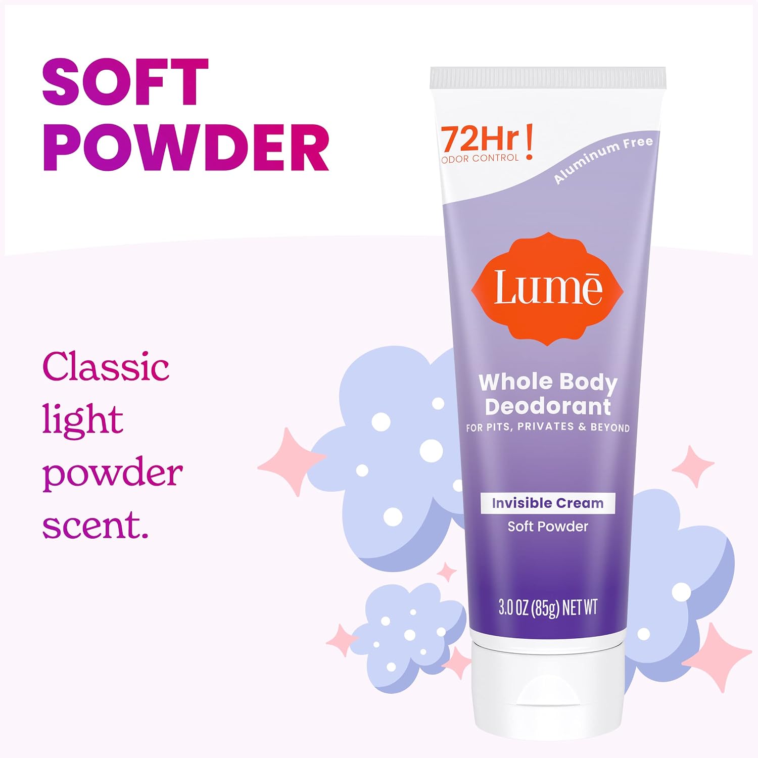 Lume Whole Body Deodorant - Invisible Cream Tube - 72 Hour Odor Control - Aluminum Free. Baking Soda Free. Skin Safe - 3.0 ounce (Soft Powder)