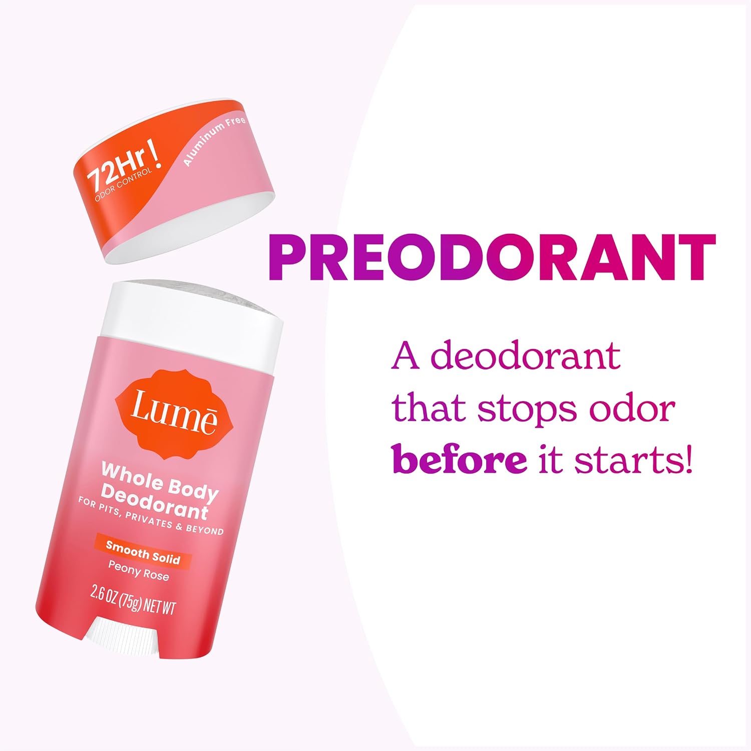 Lume Whole Body Deodorant - Smooth Solid Stick - 72 Hour Odor Control - Aluminum Free. Baking Soda Free and Skin Loving - 2.6 Ounce (Pack of 3) (Peony Rose)