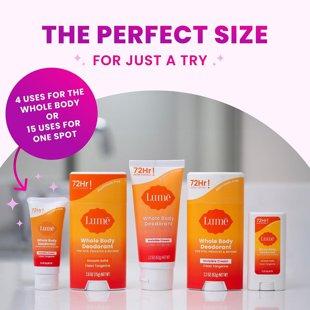 Lume Whole Body Deodorant - Mini Travel Size Invisible Cream Tube - Trial Size - 72 Hour Odor Control - Doctor Developed - Aluminum Free. Baking Soda Free - .5oz (Pack of 2) (Clean Tangerine)