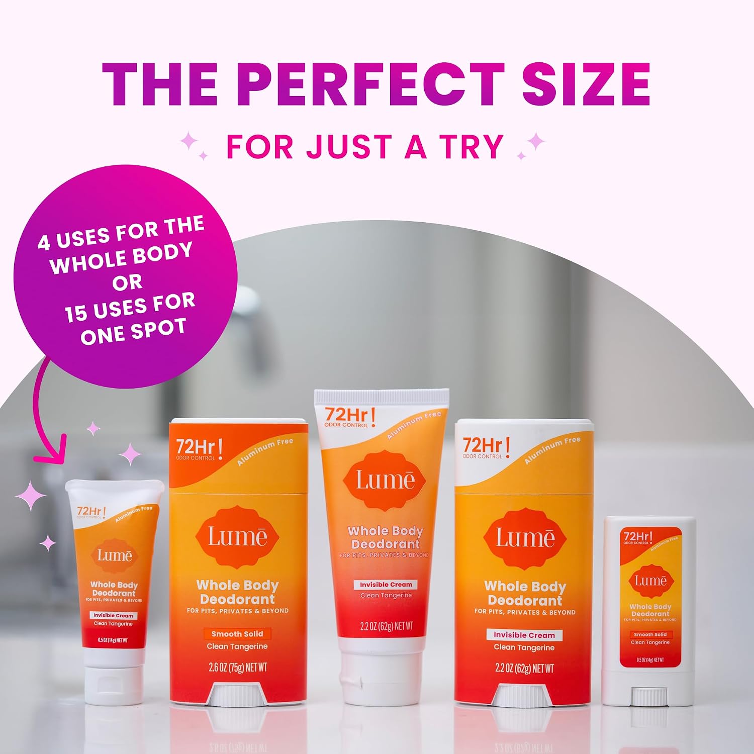 Lume Whole Body Deodorant - Mini Travel Size Invisible Cream Tube - Trial Size - 72 Hour Odor Control - Doctor Developed - Aluminum Free. Baking Soda Free - .5oz (Pack of 2) (Clean Tangerine)