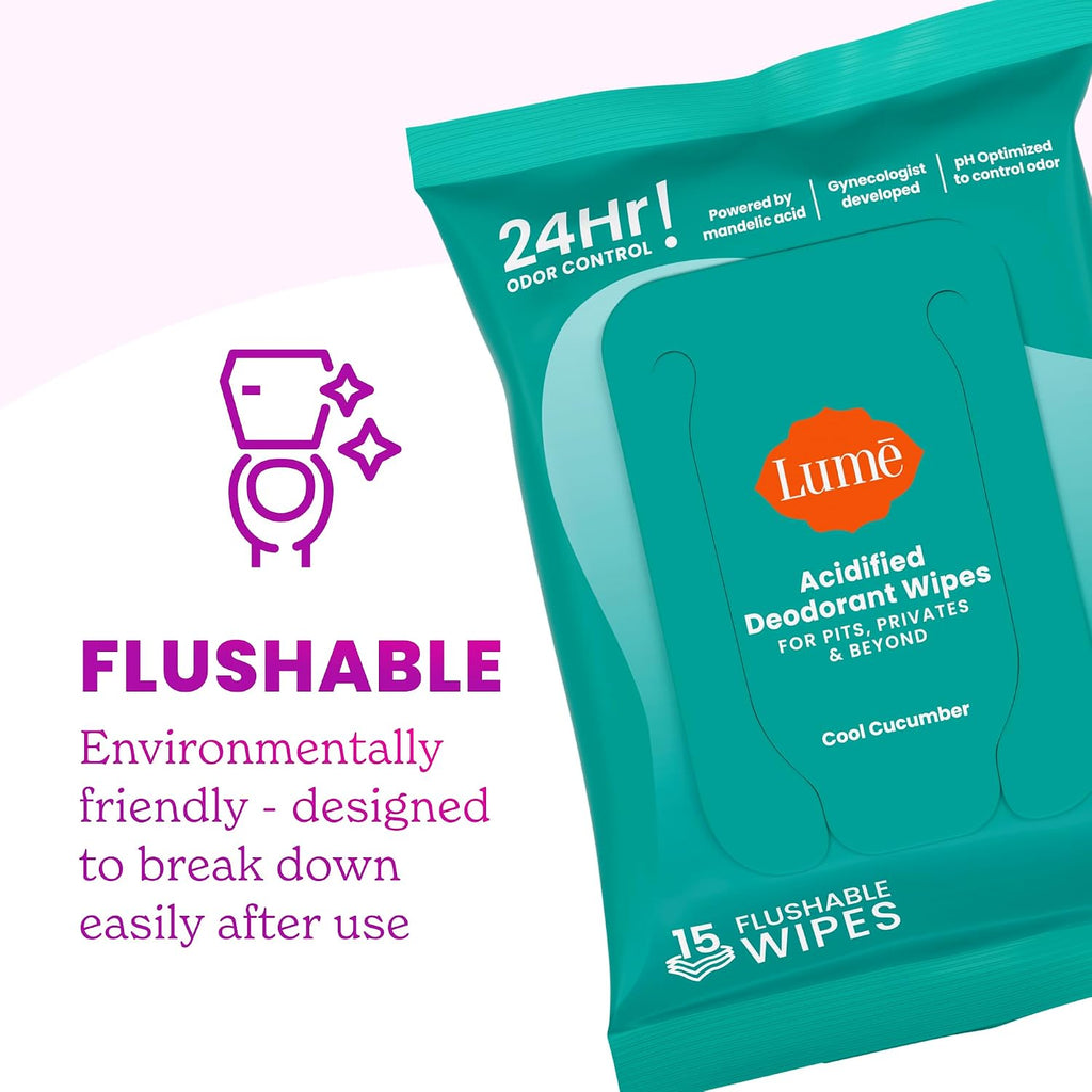 Lume Acidified Deodorant Wipes - 24 Hour Odor Control - Aluminum Free. Baking Soda Free. Skin Loving - 15 Count (Pack of 3) (Cool Cucumber)