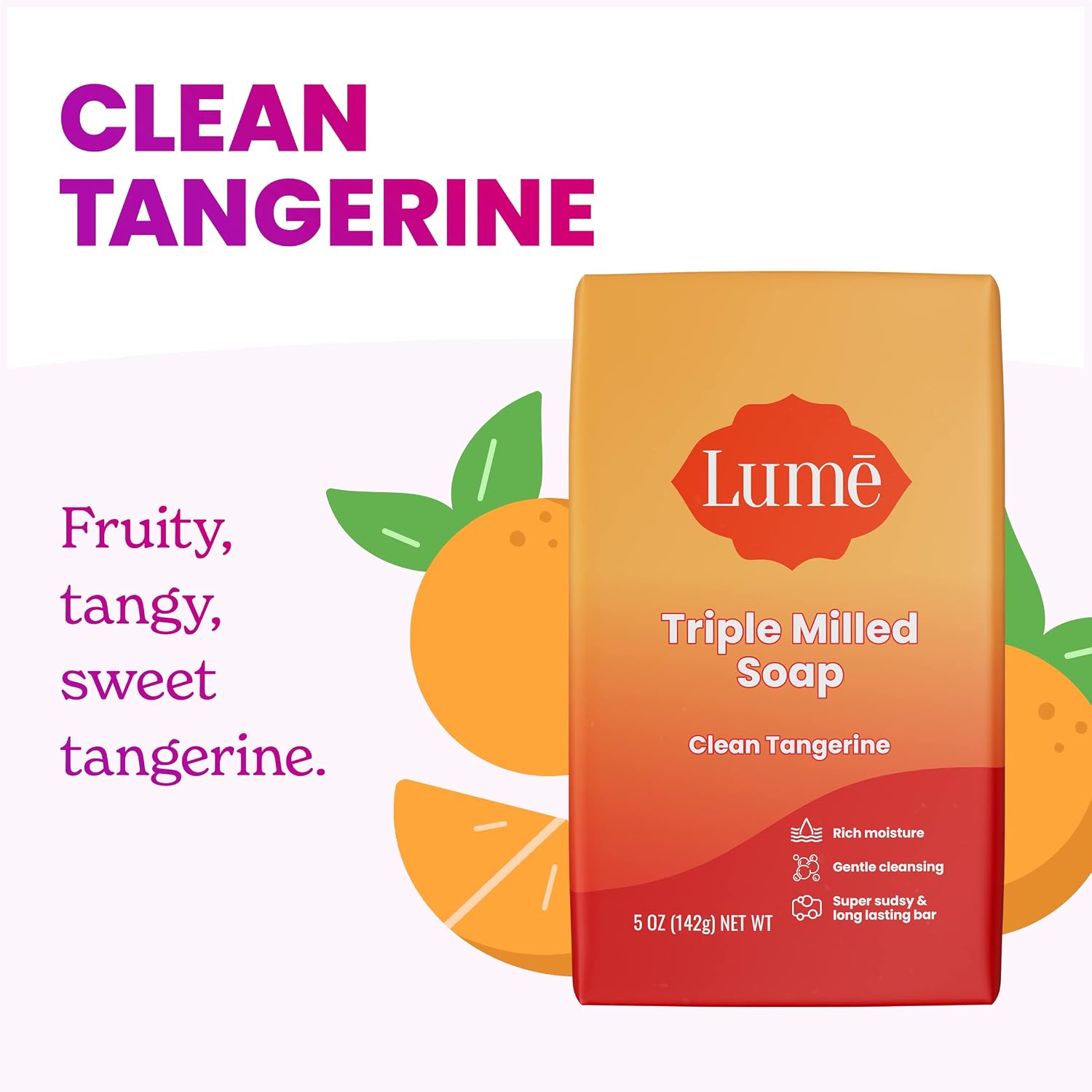 Lume Triple Milled Bar Soap - Rich Moisture & Gentle Cleansing - Paraben Free. Phthalate Free. Skin Safe - 5 ounce (Pack of 4) (Clean Tangerine)