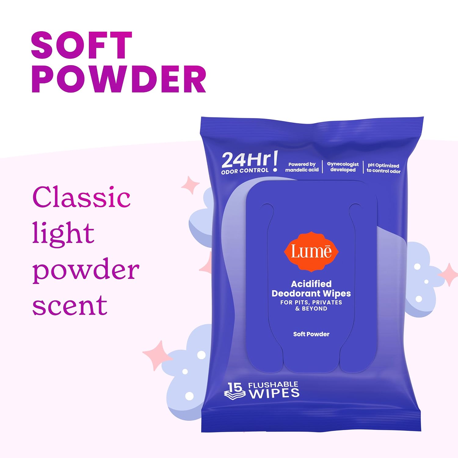 Lume Acidified Deodorant Wipes - 24 Hour Odor Control - Whole Body Deodorant Wipes - Aluminum Free. Baking Soda Free. Skin Loving - Flushable - 15 Count - 3 Pack (Soft Powder)
