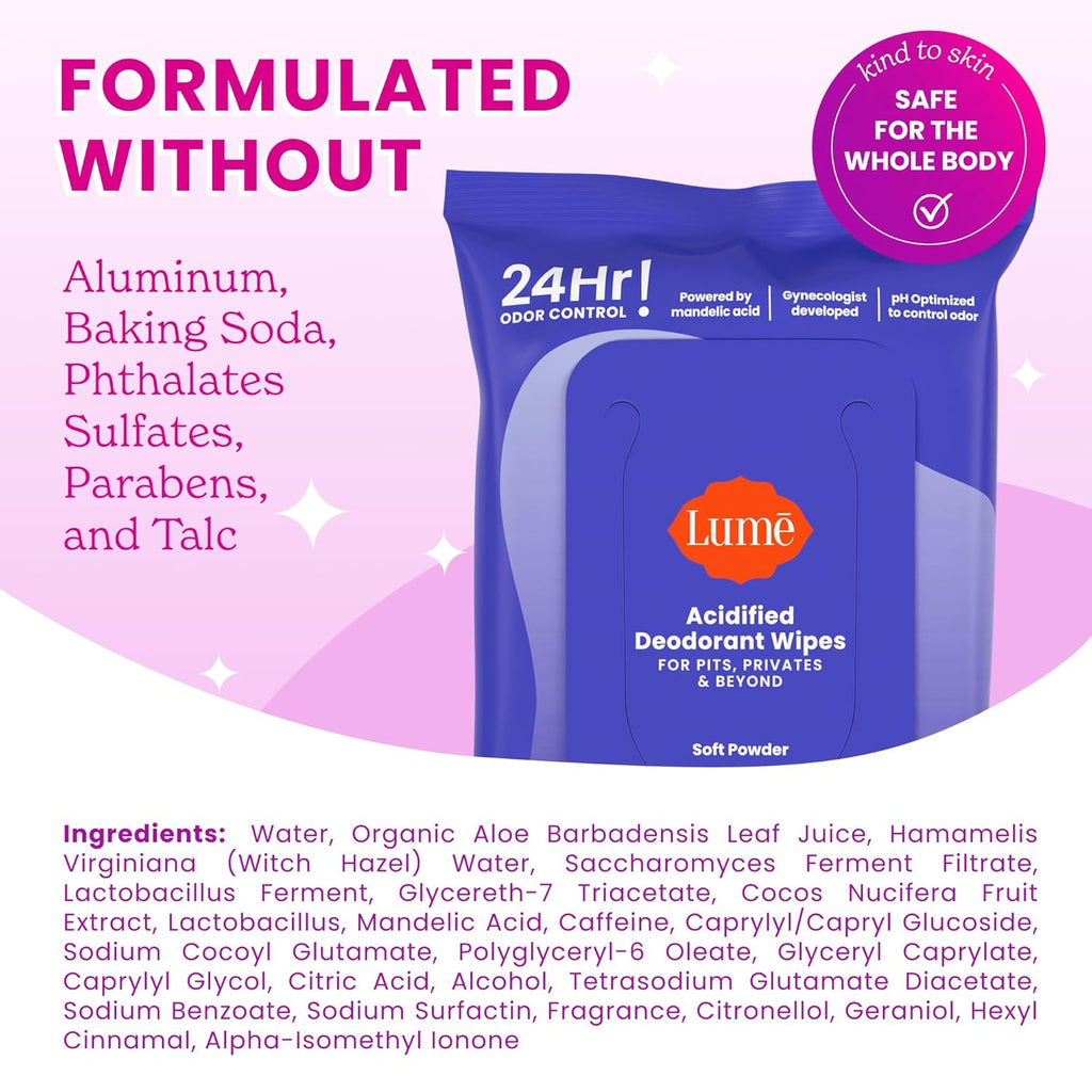 Lume Acidified Deodorant Wipes - 24 Hour Odor Control - Whole Body Deodorant Wipes - Aluminum Free. Baking Soda Free. Skin Loving - Flushable - 15 Count - 3 Pack (Soft Powder)