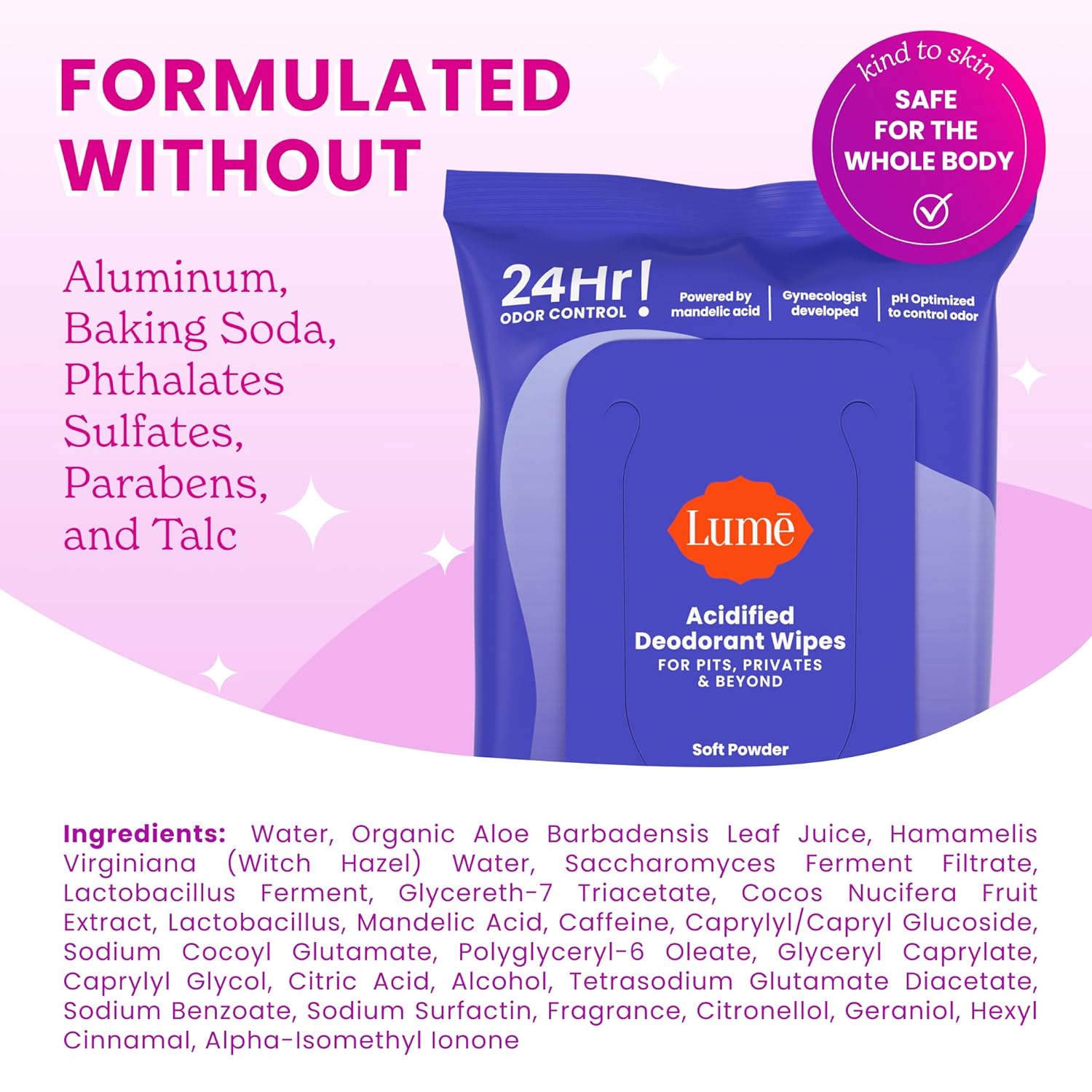 Lume Acidified Deodorant Wipes - 24 Hour Odor Control - Whole Body Deodorant Wipes - Aluminum Free. Baking Soda Free. Skin Loving - Flushable - 15 Count - 3 Pack (Soft Powder)