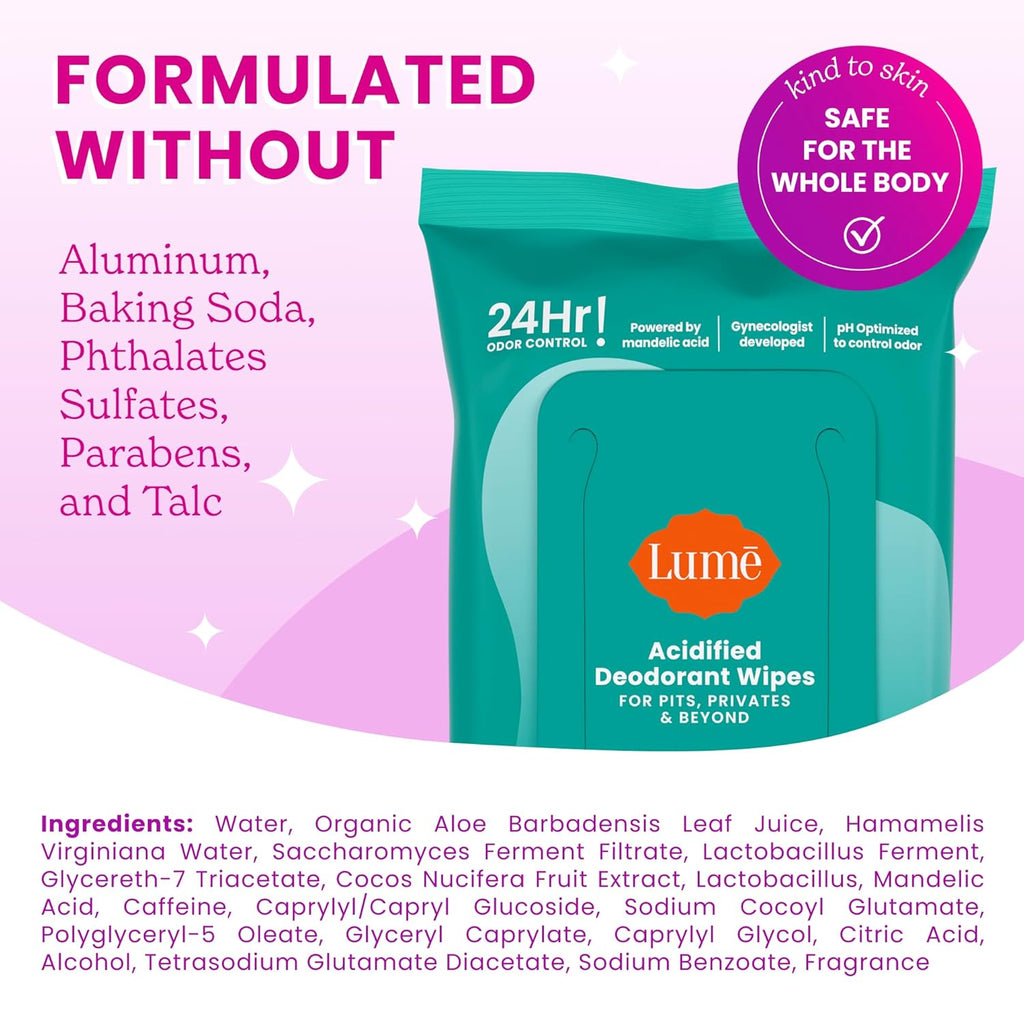 Lume Acidified Deodorant Wipes - 24 Hour Odor Control - Aluminum Free. Baking Soda Free. Skin Loving - 15 Count (Pack of 3) (Cool Cucumber)