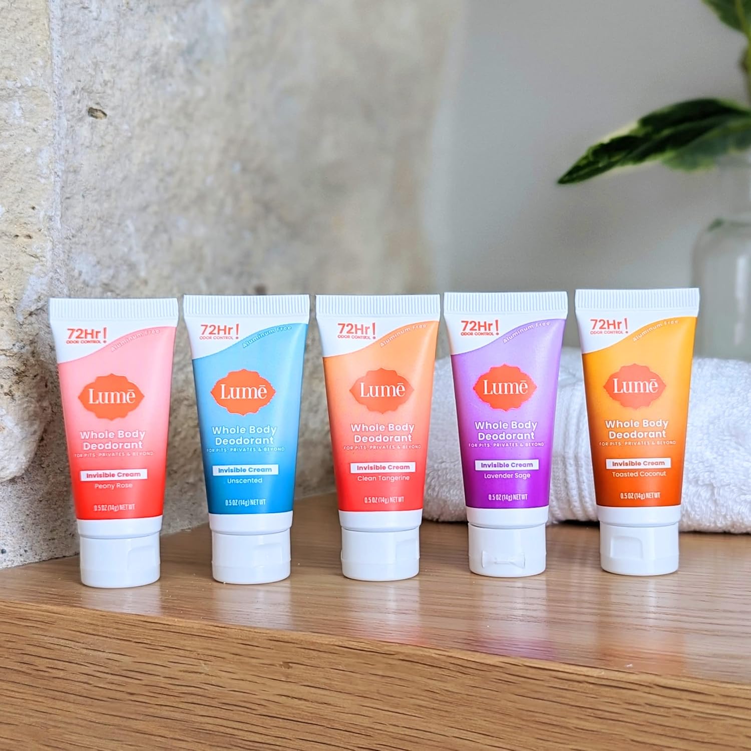 Lume Whole Body Deodorant 5 Pack Sampler - Invisible Cream Minis - 72 Hour Odor Control - Aluminum & Baking Soda Free (Clean Tangerine. Lavender Sage. Peony Rose. Toasted Coconut. Unscented)